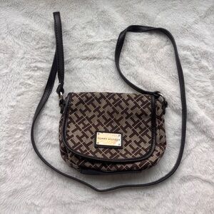 Tommy Hilfiger Brown Monogram Geometric Pattern Mini Crossbody Bag